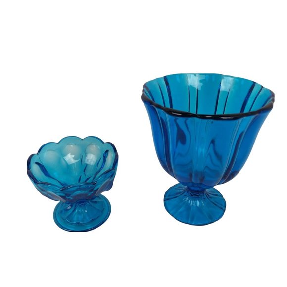 Vintage PAIR MCM Peacock Blue Pedestal Vase & Candy Dish LE Smith? MOD 7", 4" H - Picture 2 of 7